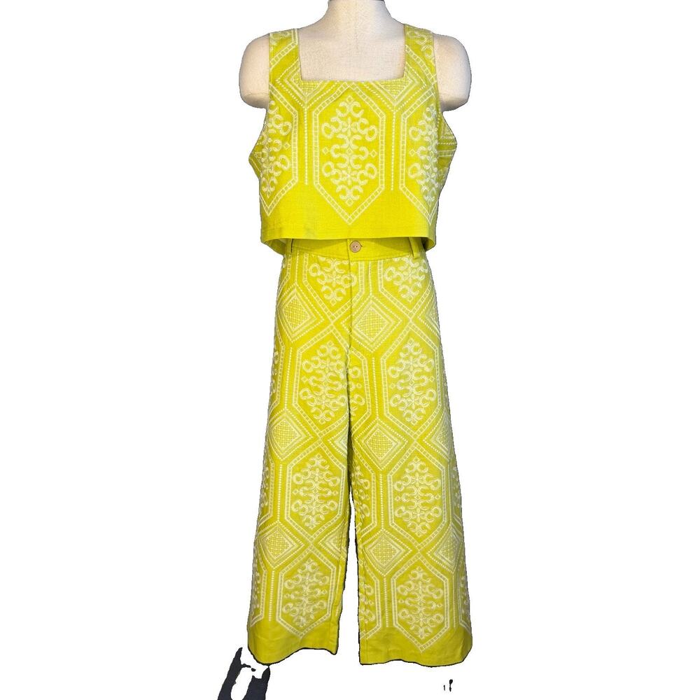 Calypso Linen Pant Set Womens XL Chartreuse Embroidered Wide Leg Resort